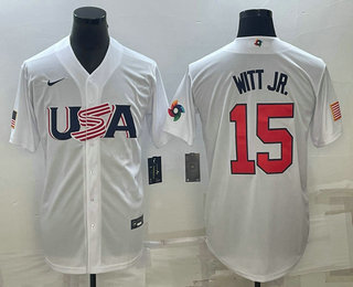 Mens USA Baseball #15 Bobby Witt Jr Number 2023 White World Baseball Classic Replica Stitched Jersey2->2023 world baseball classic->MLB Jersey